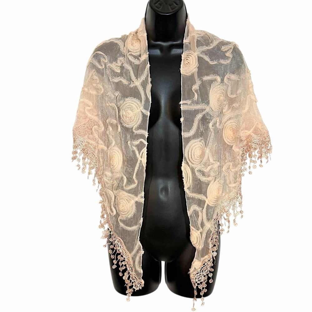 2 Chic Sheer Lace Rosette Shawl Scarf Wrap Pale Blush Pink Fringe Boho Glam